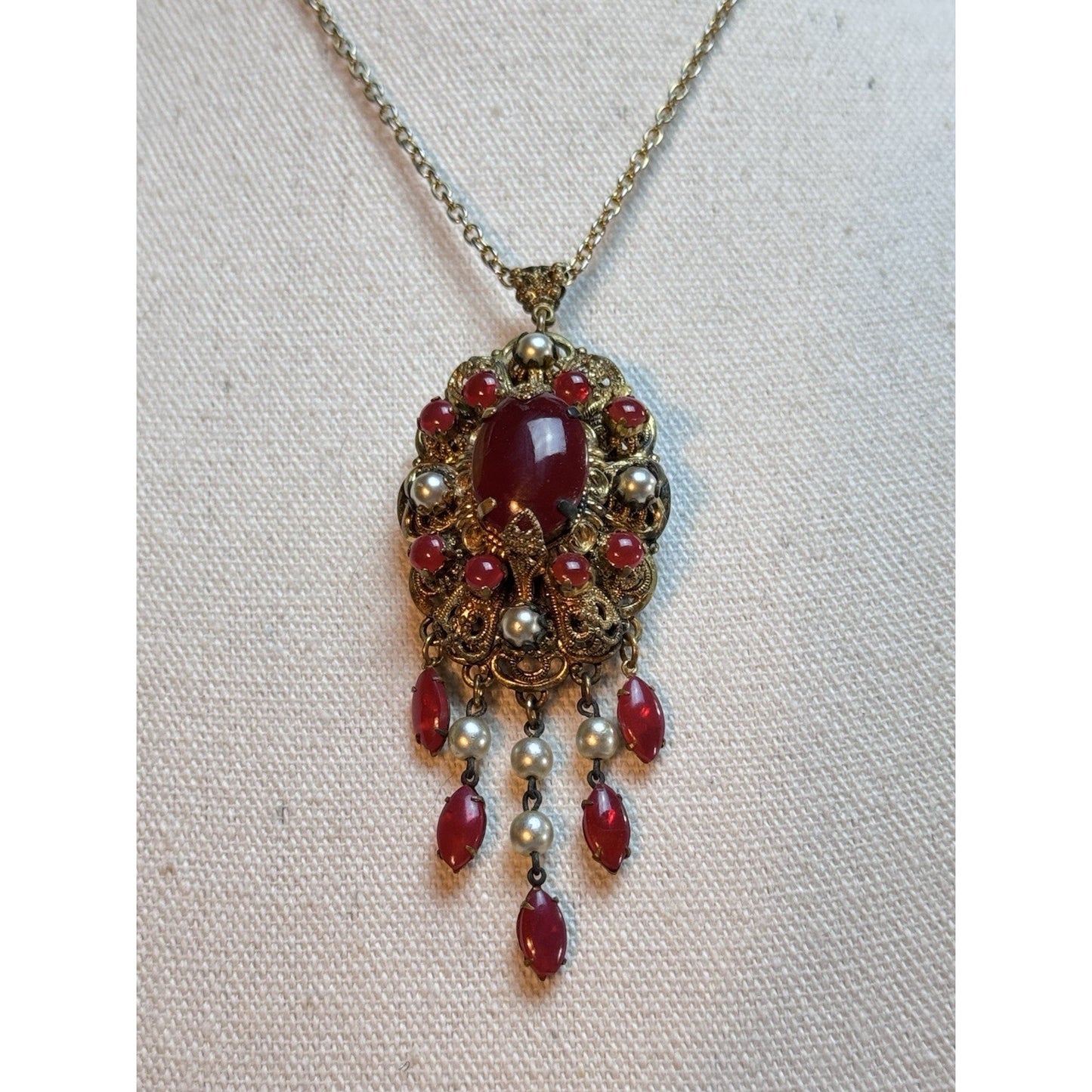 Vintage Filigree Brooch Pendant Necklace Red Art Glass Faux Pearl Dangle 27.5”