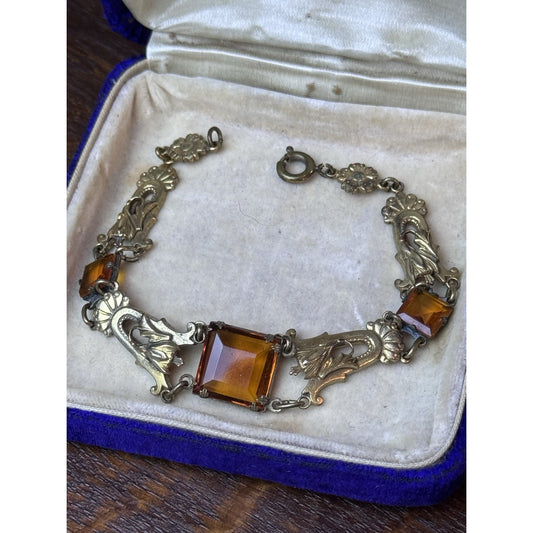 Antique Czech Bracelet Ambertone Paste Art Nouveau Goldtone Floral Links 7.25”