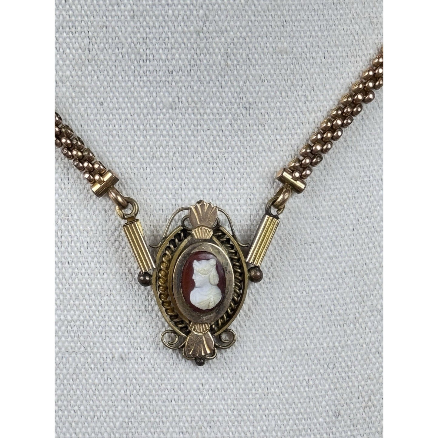 Antique Gold Filled Cameo Necklace Victorian Edwardian Ornate Filigree 18.5”