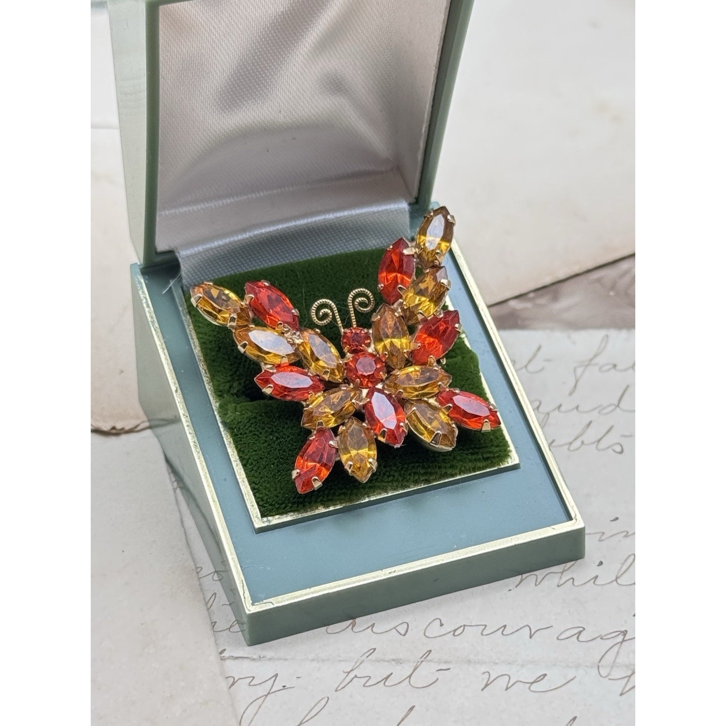 Park Lane Butterfly Brooch Rhinestone Burnt Orange Gold Signed 1.5” VINTAGE