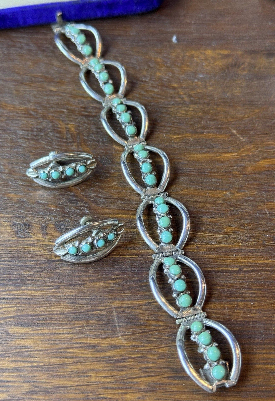 925 Bracelet Earrings Set Sterling Silver Green Cabochons Handmade ARTISAN
