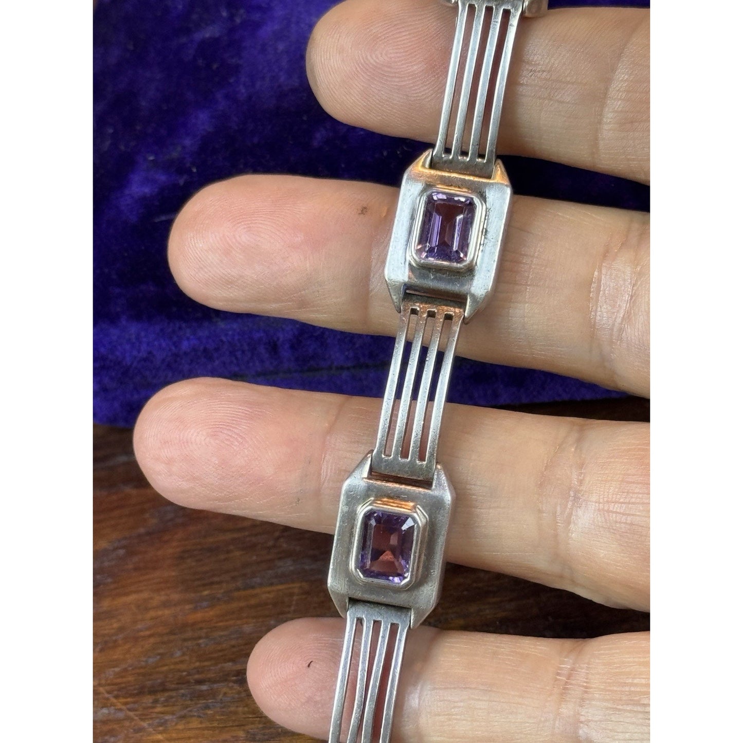 Vintage Sterling Silver Purple Stone Geometric Link Bracelet 6.5” Art Deco Style