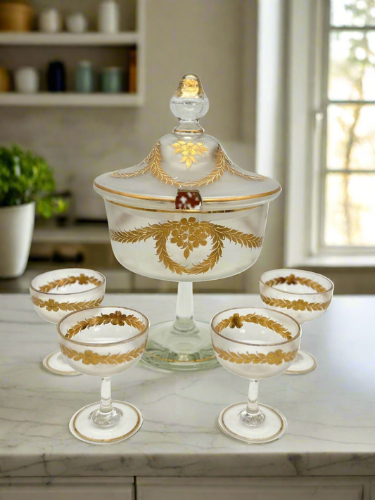 French ANTIQUE Style Opaque Glass Compote Dessert Service 6 Pieces Hand Painted