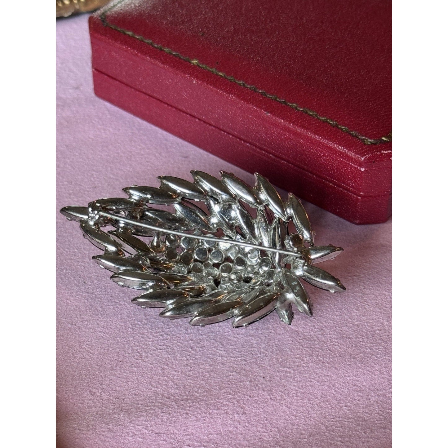 Vintage Black Rhinestone Brooch Clear Crystal Floral Spray Pin 3” Statement