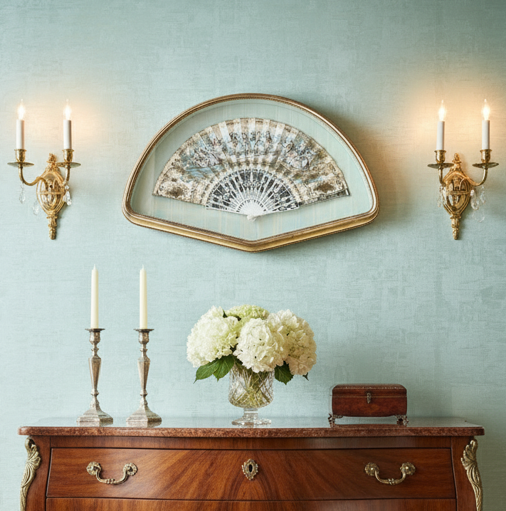 Vintage Hand Fan in Shadow Box circa 25” by 16.5” by 2.5” ESTATE FIND