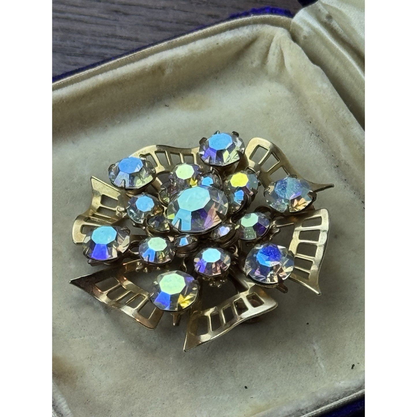 Vintage AB Rhinestone Brooch Goldtone Atomic Starburst 2”
