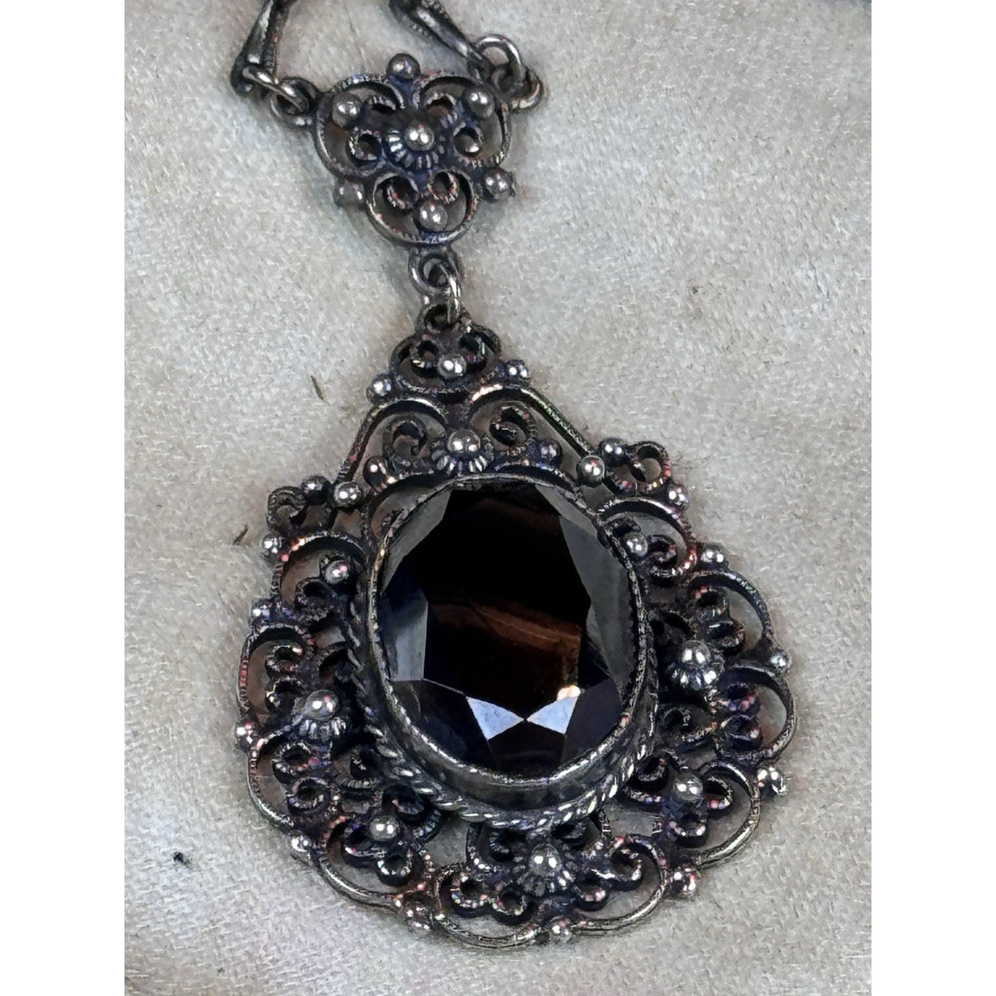 VTG Danecraft Sterling Silver Hematite Ornate Filigree Necklace w/ Original Tag