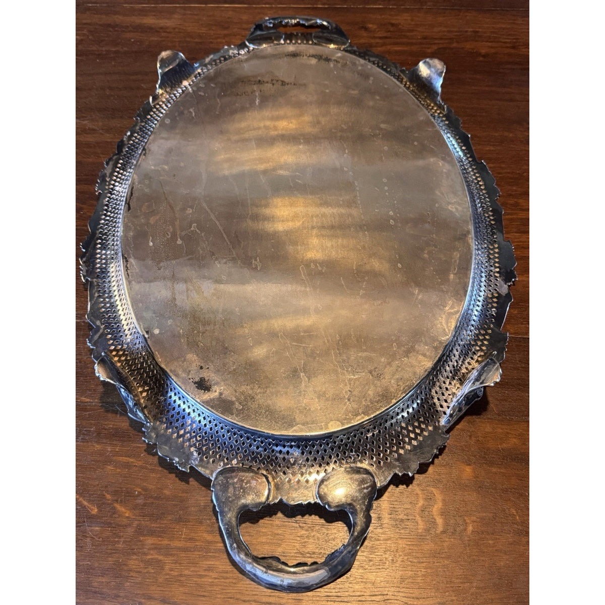 Antique Sheffield Silverplate Oval Serving Tray Footed Reticulated 28” Handles