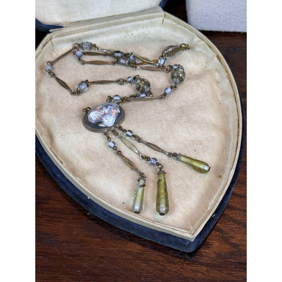 Antique Czech Style Art Glass Necklace Blue Green Glass Dangle Drop 20”