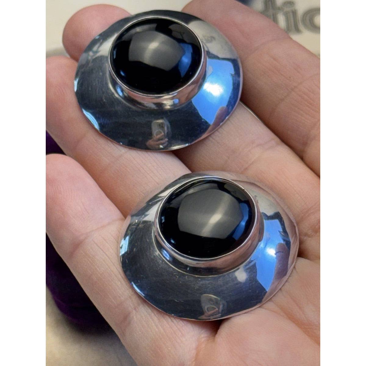 C&S Sterling Silver Black Onyx Post Earrings Round Modernist Statement 1 3/8”