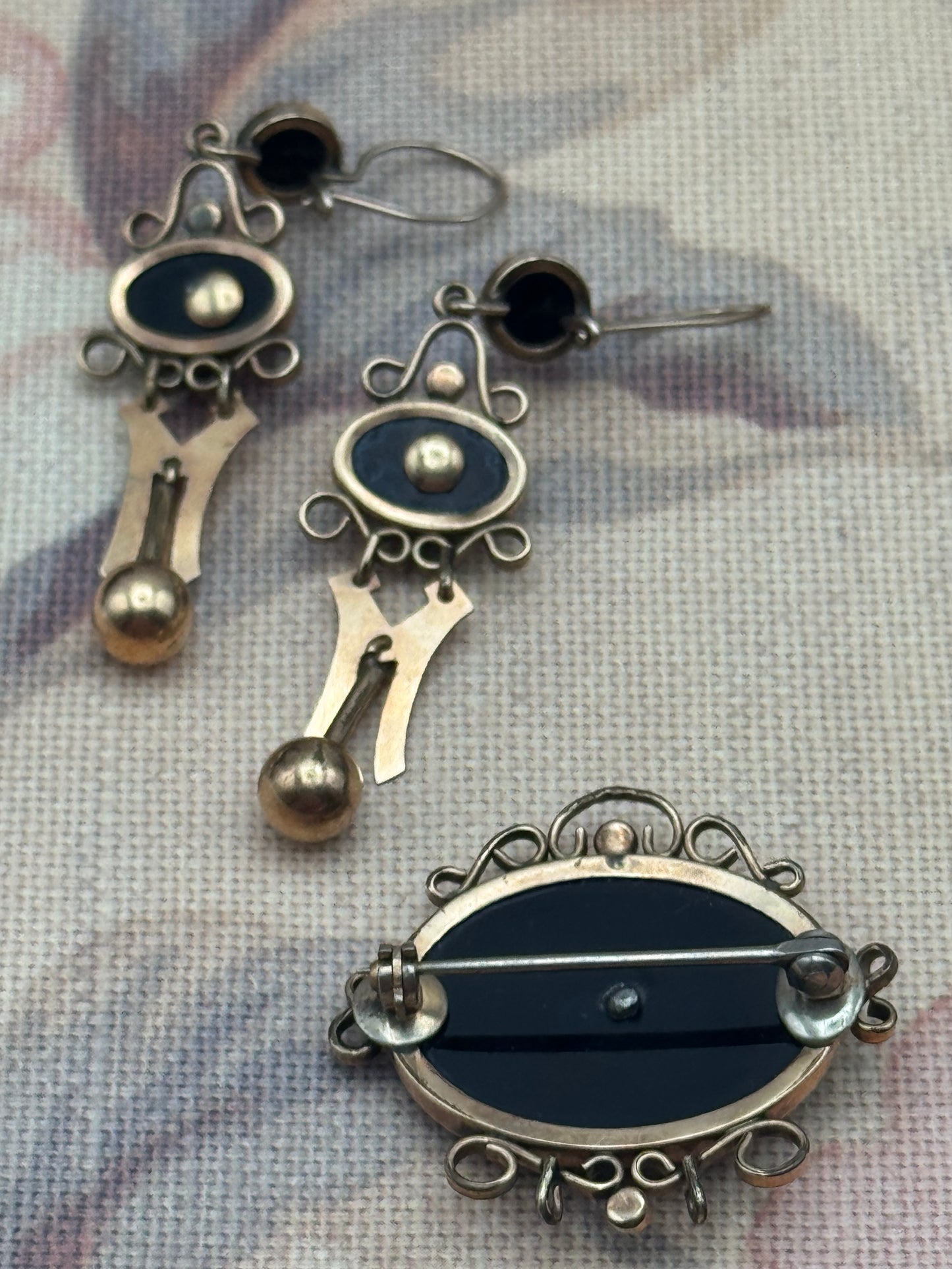 Victorian Gold-Filled Onyx & Seed Pearl Brooch & Earrings Set - Mourning