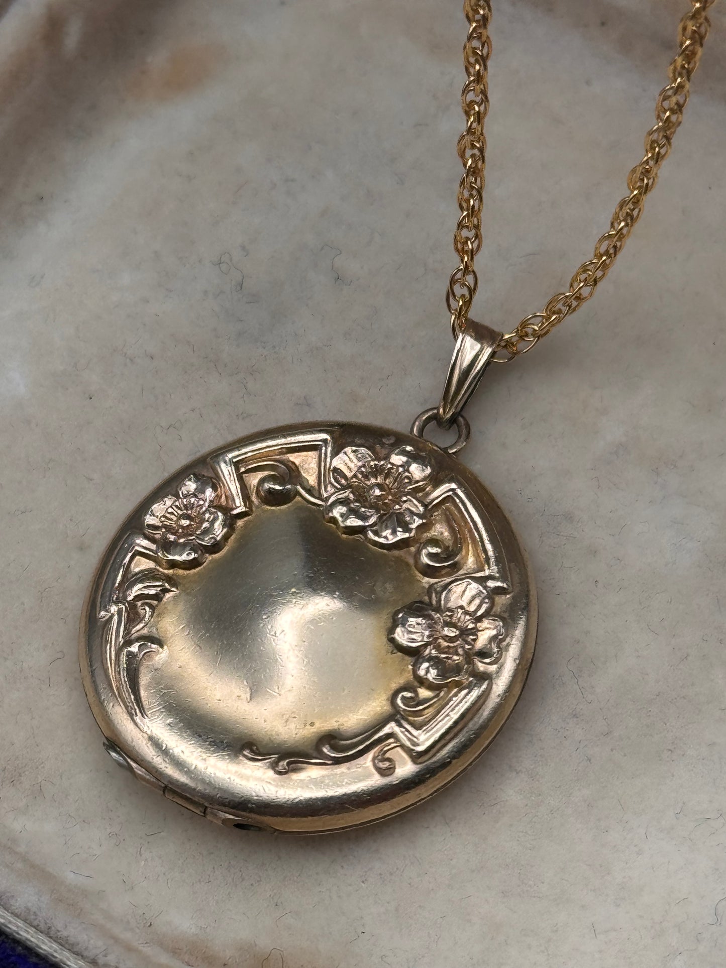Antique Gold Filled Locket Floral Repoussé Sterling Vermeil Chain 19.5”