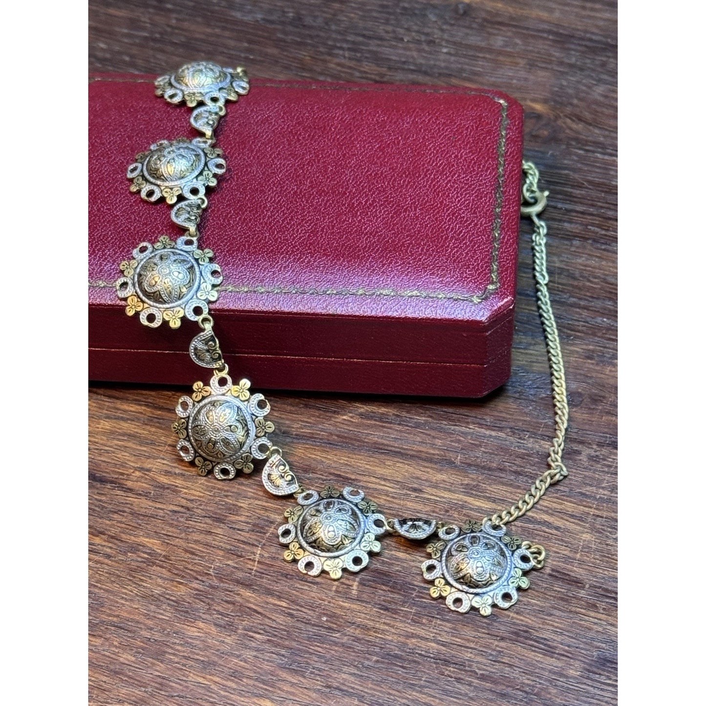 Vintage Damascene Necklace Toledo Spain Gold & Silver Tone Floral
