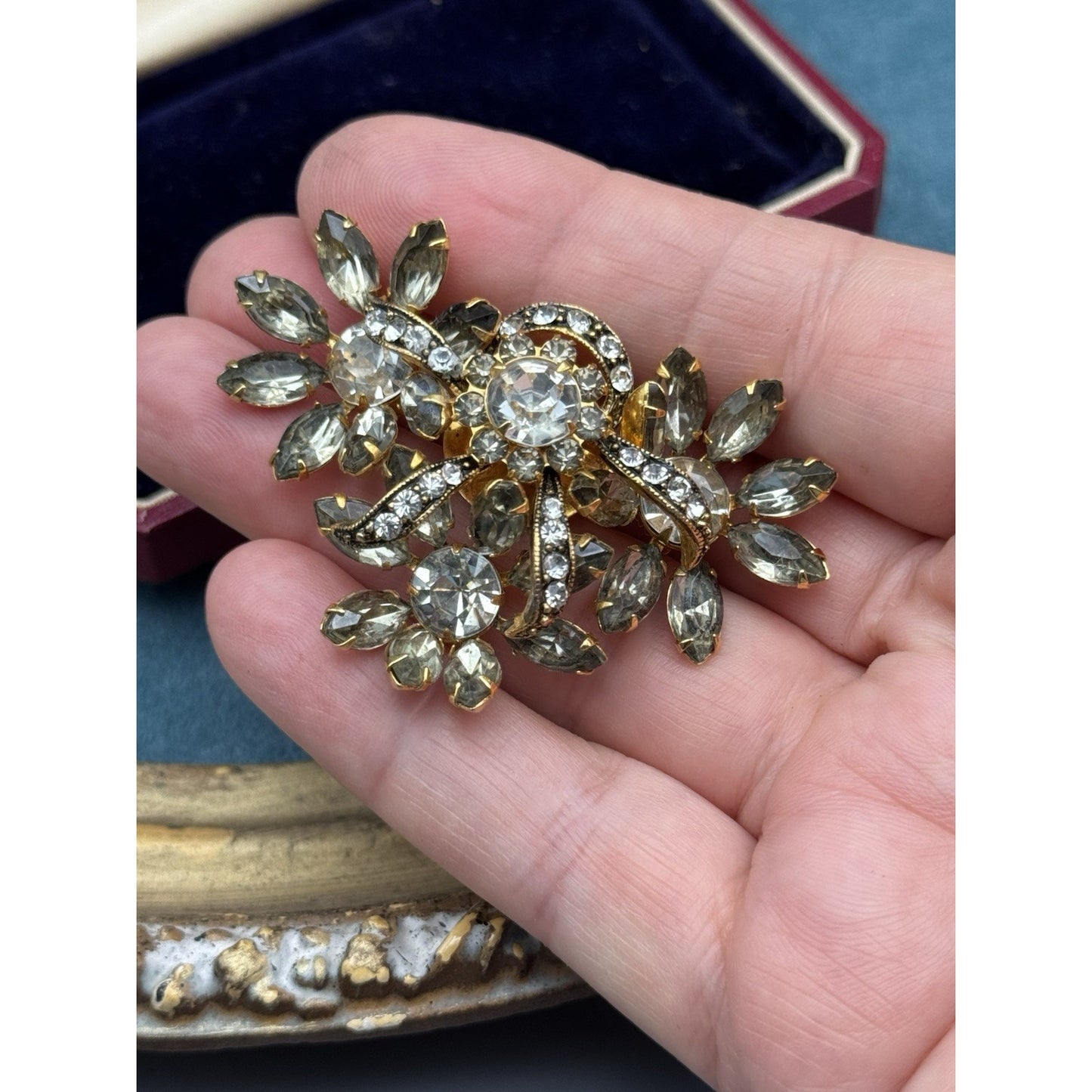 Vintage Brooch Rhinestone Goldtone Gray Clear Floral Spray 2 3/8” Estate