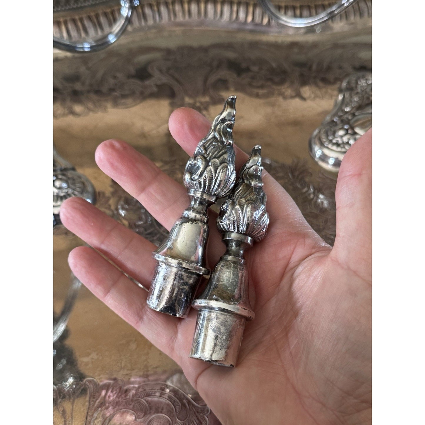 Antique Style Repousse Candelabra Pair Silverplate 3 Light W Snuffers 11”