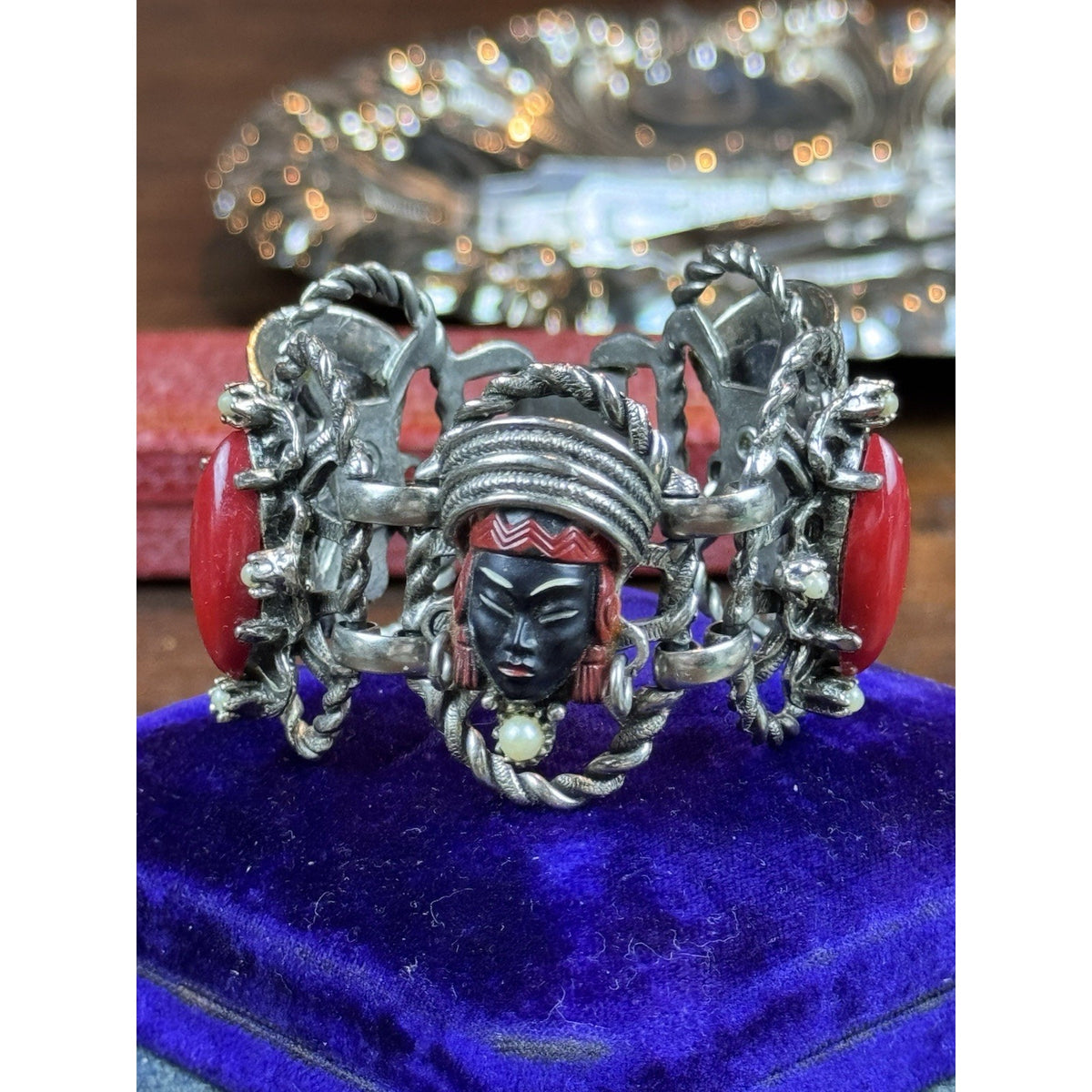 Vintage Selro Selini Bracelet Asian Princess Red Cabochon Faux Pearl 6”