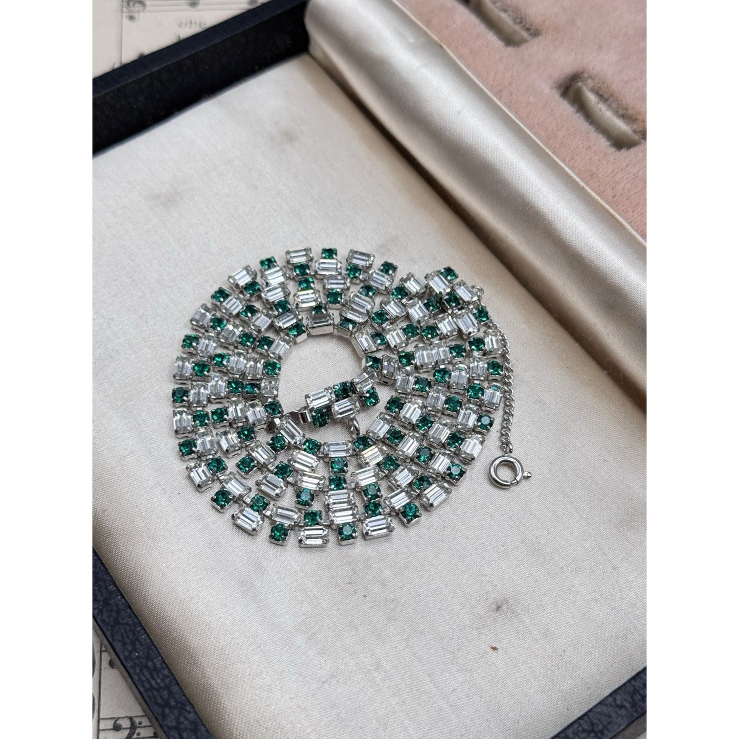 Schoffel Austria Necklace Green Clear Rhinestone Signed Vintage 15.5”