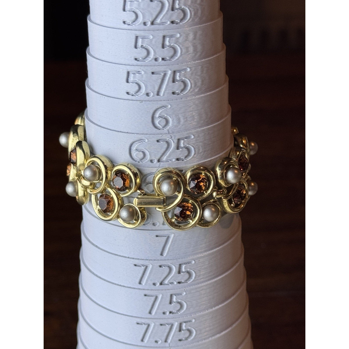 Trifari Bracelet Faux Pearl Brown Rhinestone Goldtone Signed 6.5” Vintage