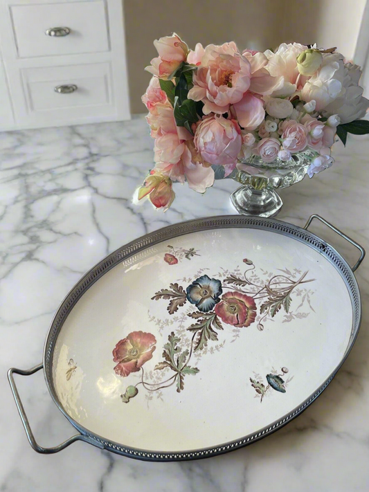 Antique Porcelain Gallery Tray Flowers & Bee Handled 20.5” X 13.25” Estate Find