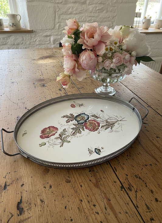 Antique Porcelain Gallery Tray Flowers & Bee Handled 20.5” X 13.25” Estate Find