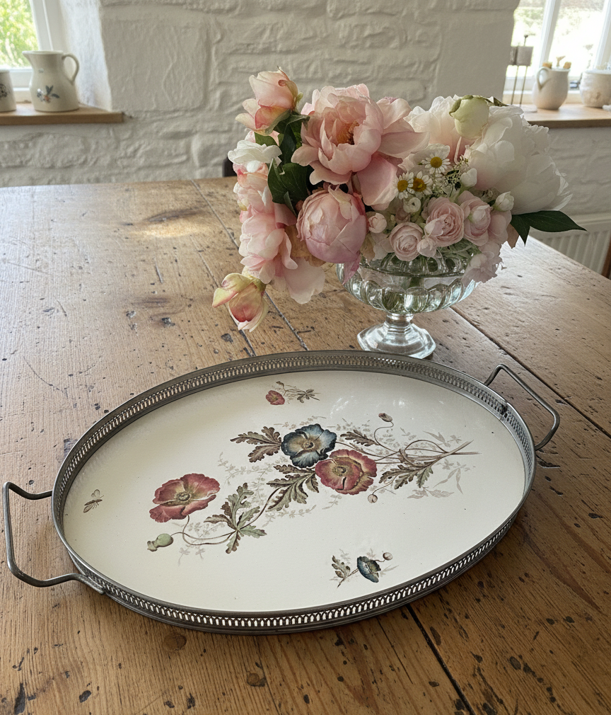 Antique Porcelain Gallery Tray Flowers & Bee Handled 20.5” X 13.25” Estate Find