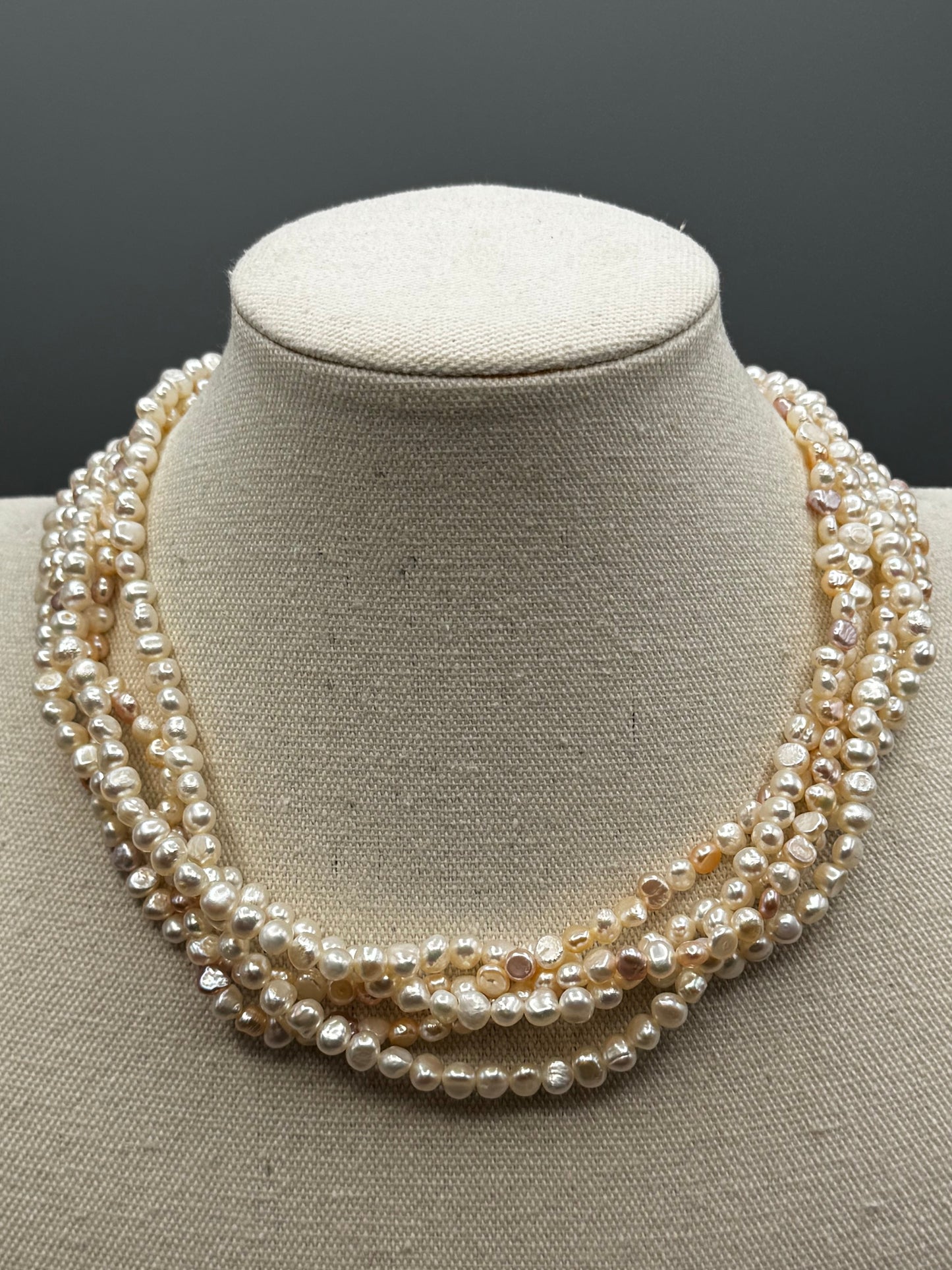 Vintage 5 Strand Freshwater Pearl Necklace Goldtone Clasp 17.5”