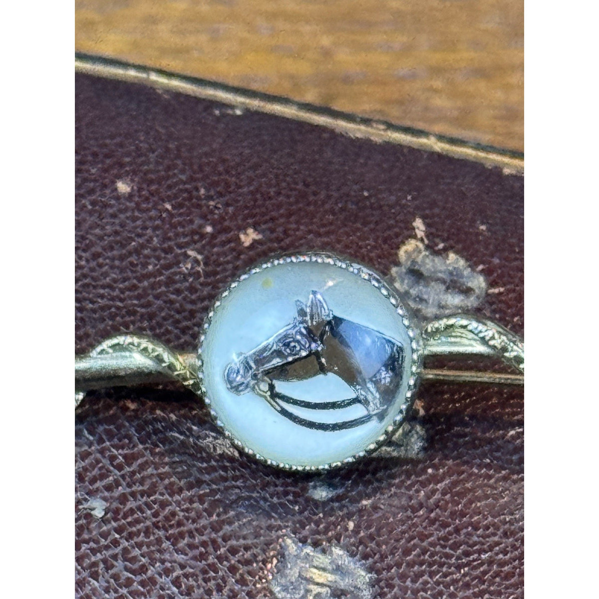 Vintage Horse Brooch Riding Crop Reverse Painted Equestrian Portrait 2.5” x 3/8”
