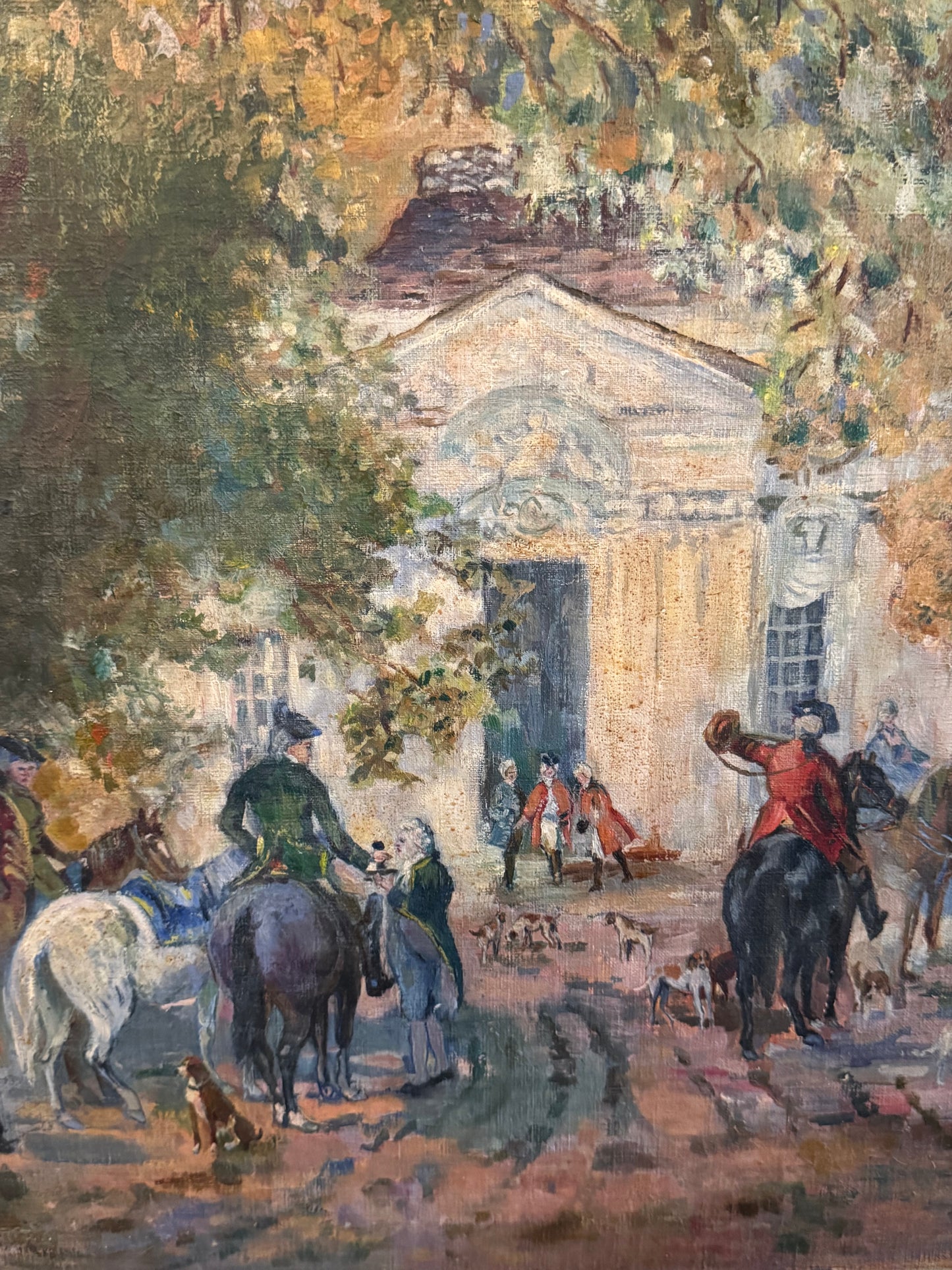 Vintage Oil Painting Fox Hunt Scene Country House Equestrian 35 X 25”