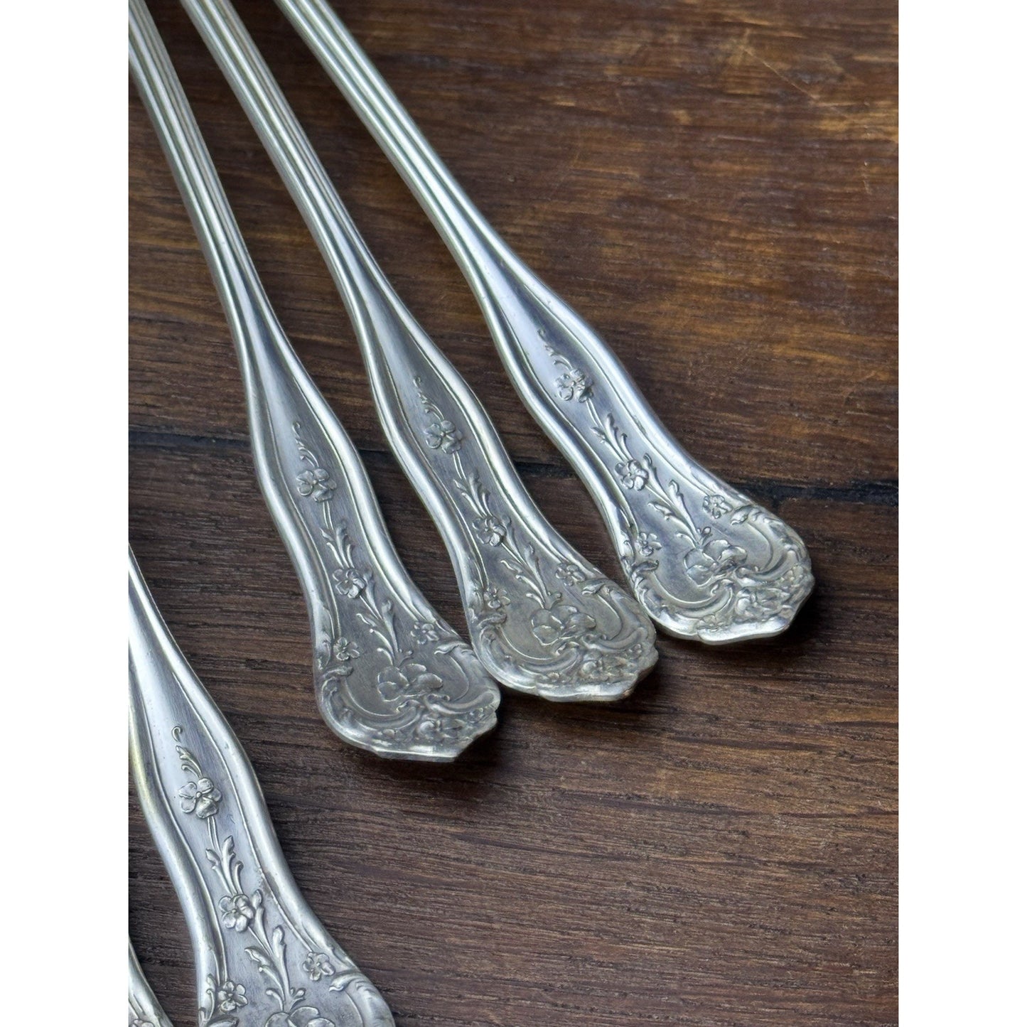 Vintage Extra Coin Silver Plate Iced Tea Spoons Set 6 Floral 7.5”