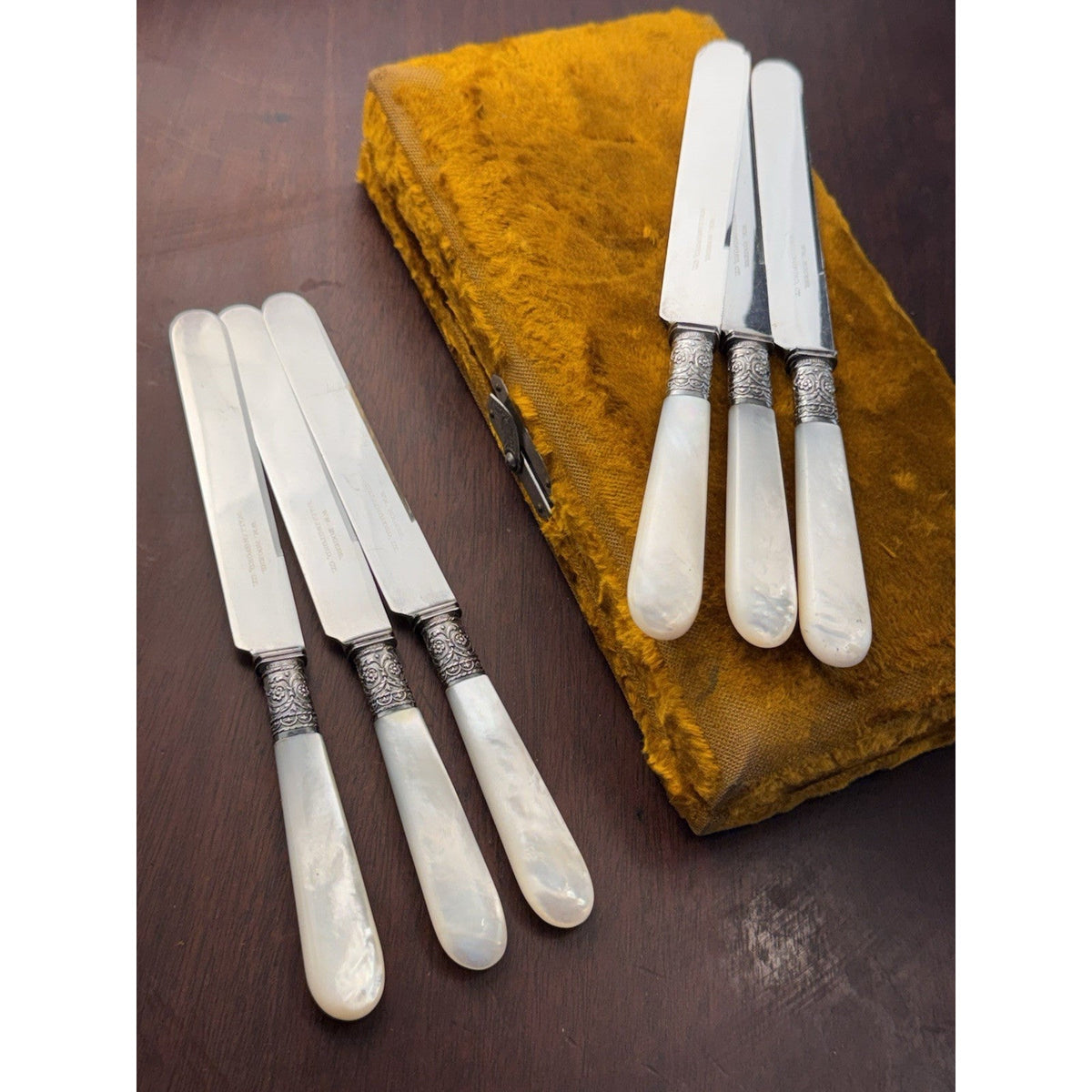 MOP Butter Knives Set 6 Mother Of Pearl Sterling Ferrules Rogers 6.5” ANTIQUE