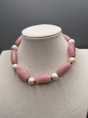 Signed Miriam Haskell Pink Art Glass & Faux Pearl Beaded Necklace