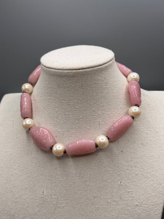 Signed Miriam Haskell Pink Art Glass & Faux Pearl Beaded Necklace
