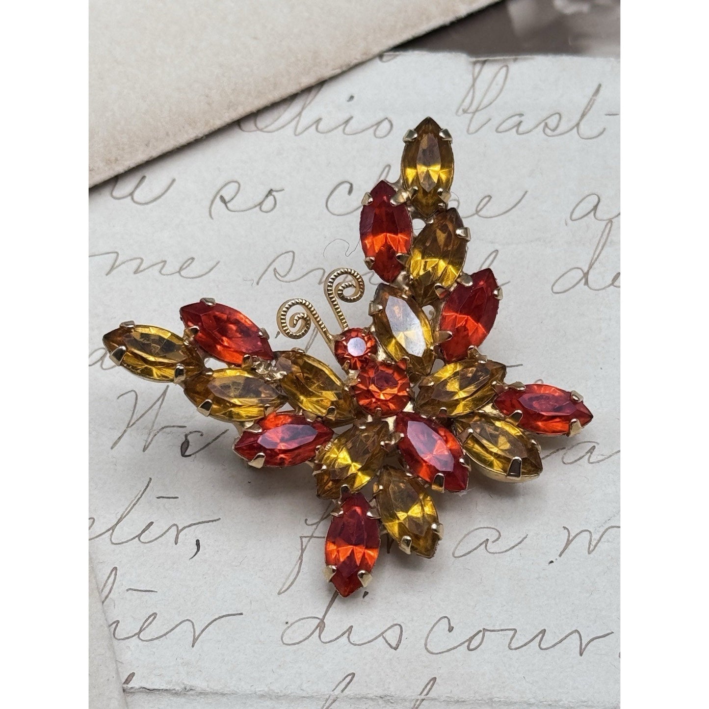 Park Lane Butterfly Brooch Rhinestone Burnt Orange Gold Signed 1.5” VINTAGE