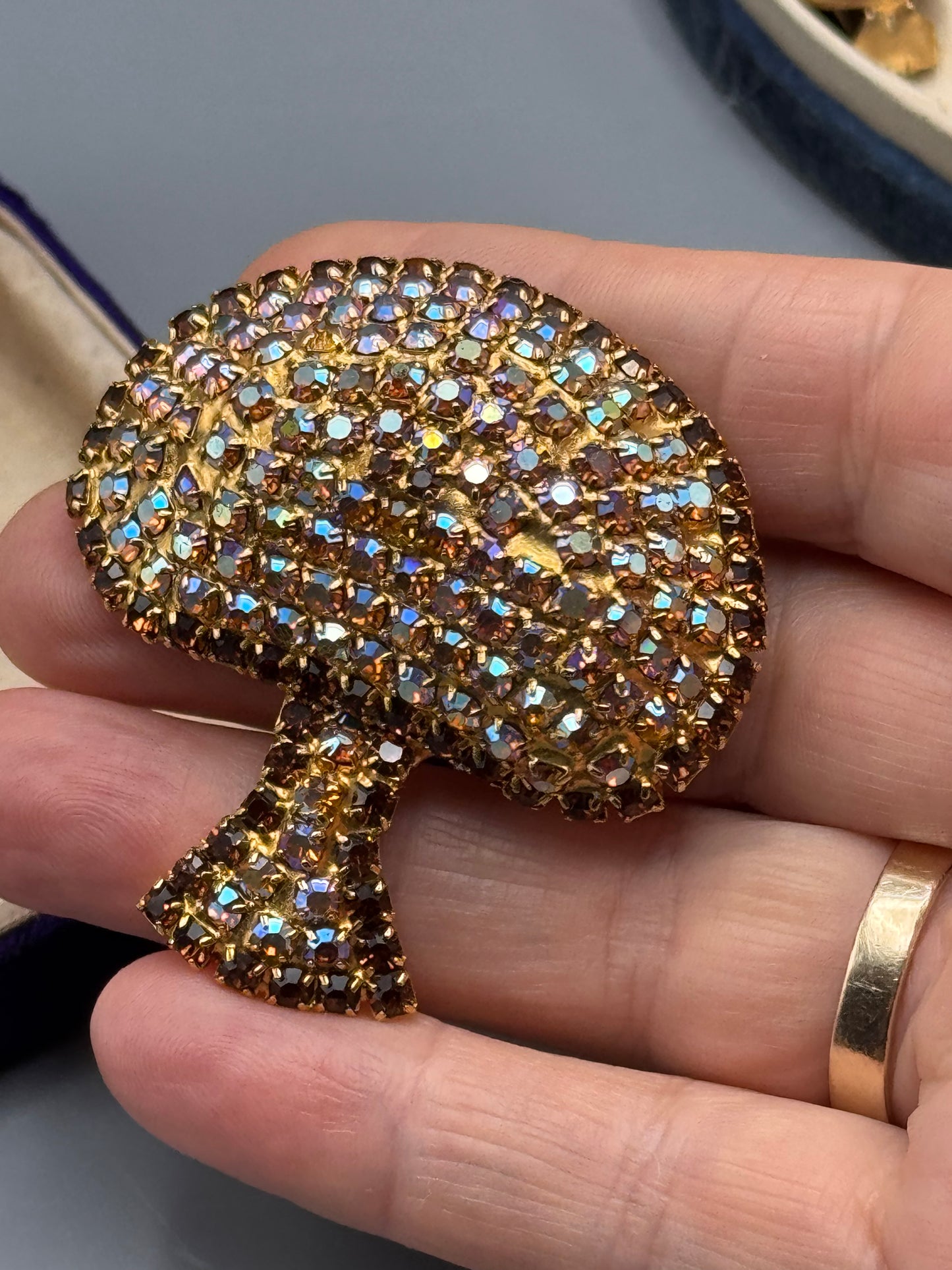 Vintage Rhinestone Mushroom Brooch Goldtone Aurora Borealis 2″