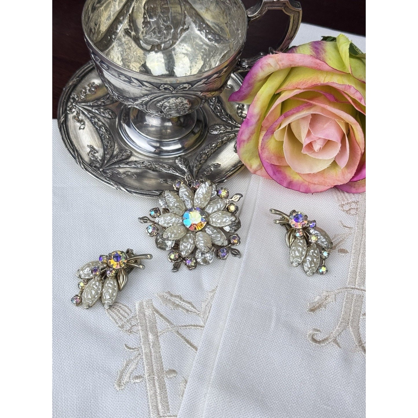 Brooch Clip Earrings Demi Parure Set Vintage Faux Pearl AB Rhinestone Floral