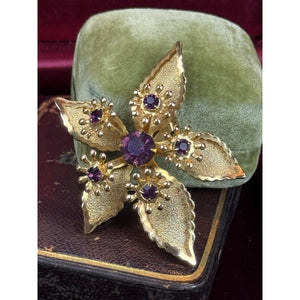 Vintage Purple Rhinestone Brooch Goldtone Flower Floral Statement Jewelry Pin 2”