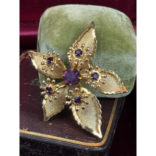 Vintage Purple Rhinestone Brooch Goldtone Flower Floral Statement Jewelry Pin 2”