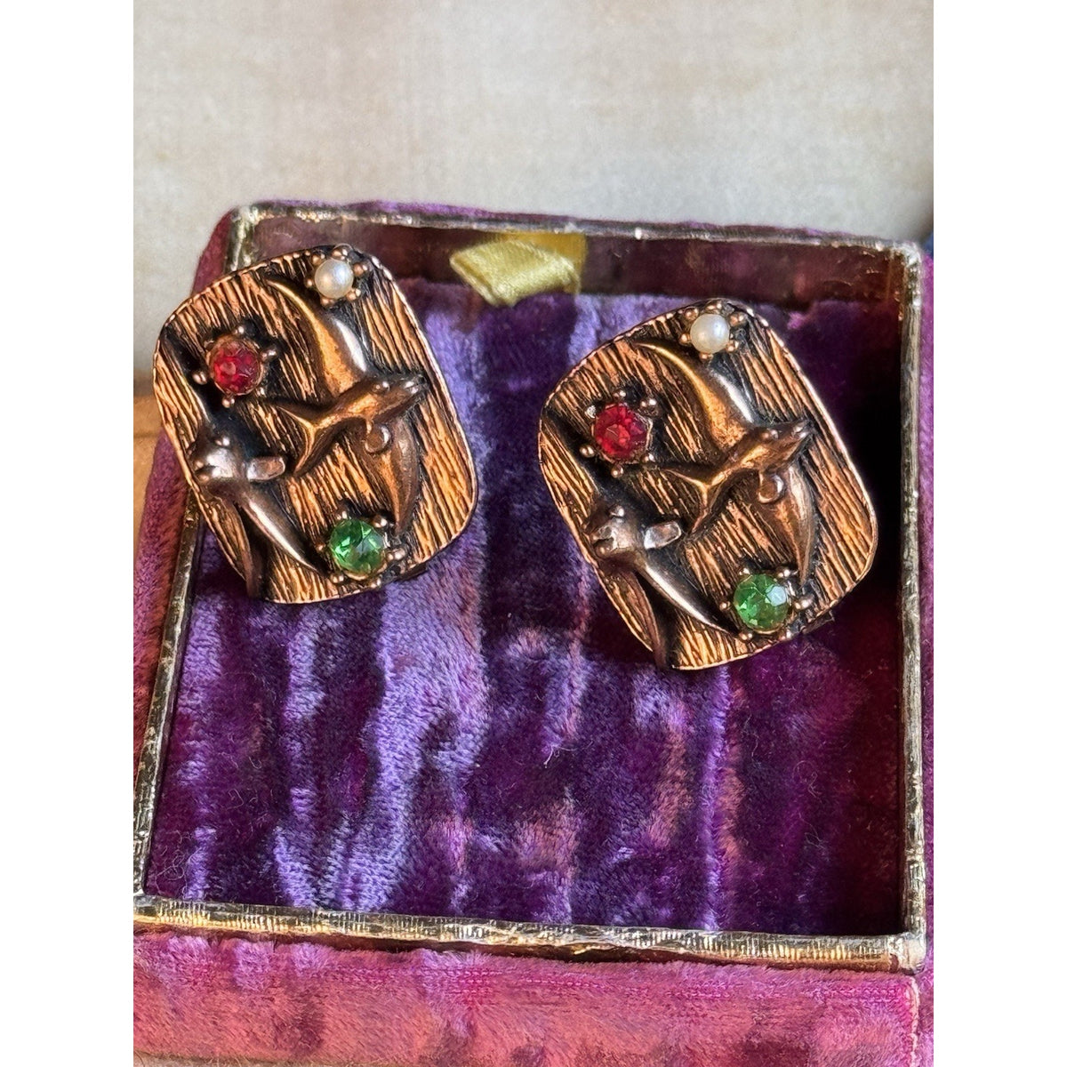 Coppertone Earrings Flying Fish STYLE MCM Clip On Rhinestone Faux Pearl 1”