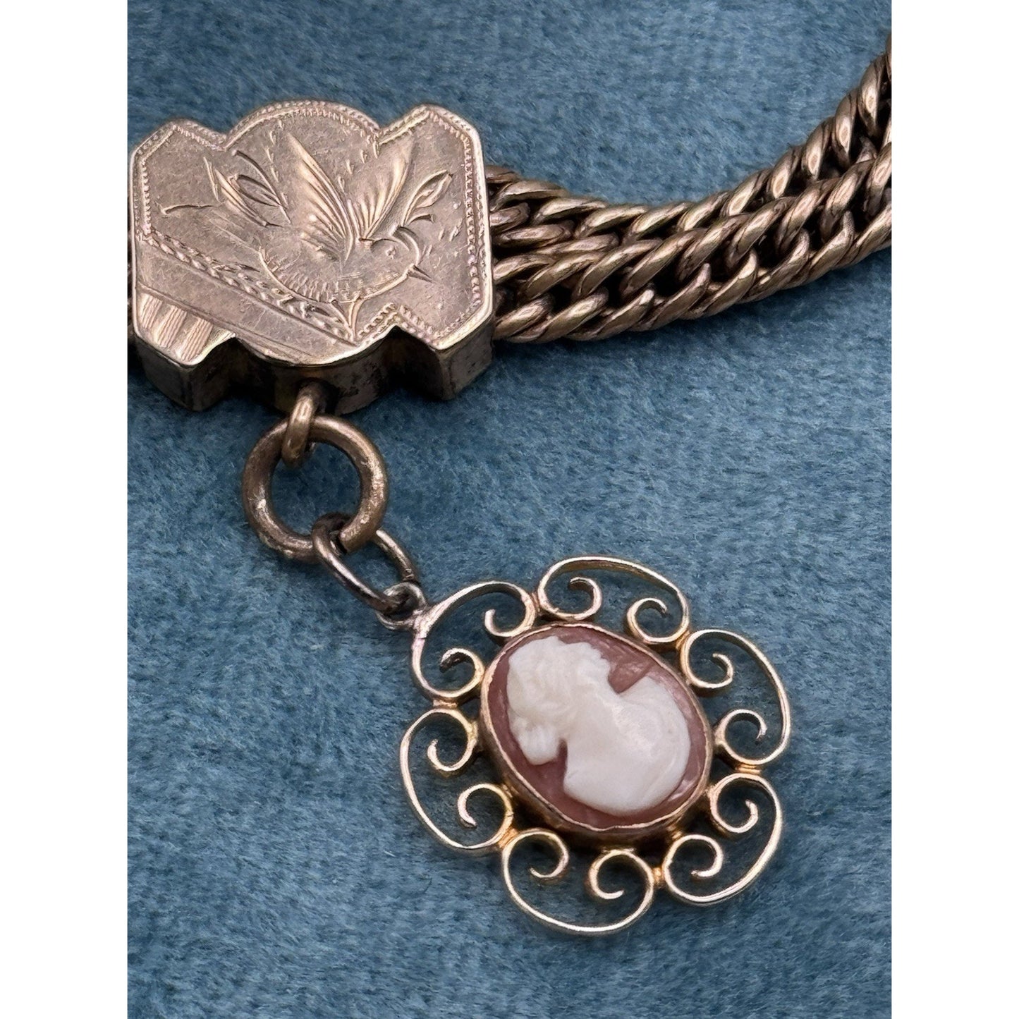 Antique Gold Filled Albert Watch Chain Cameo Fob T Bar 12” Victorian