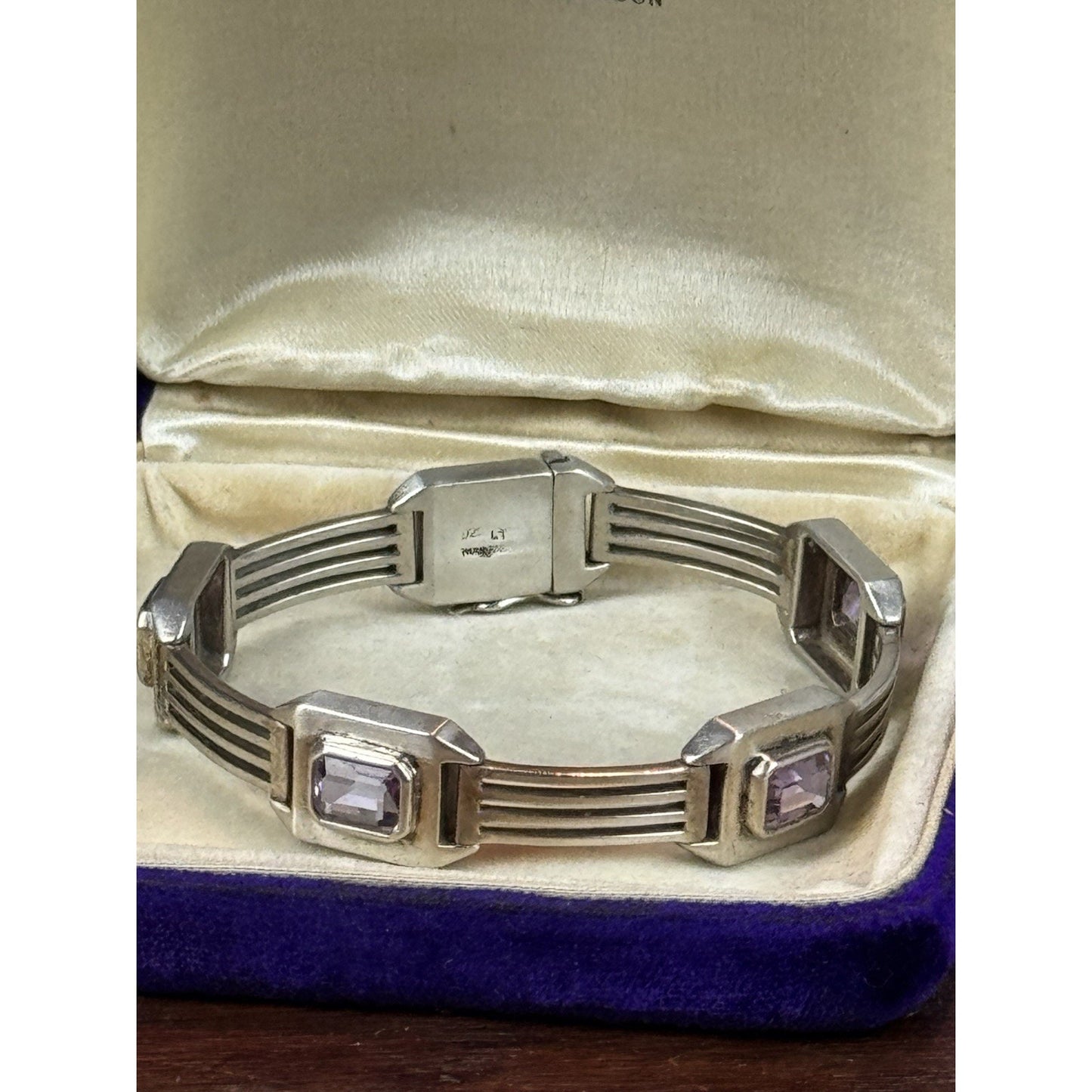 Vintage Sterling Silver Purple Stone Geometric Link Bracelet 6.5” Art Deco Style