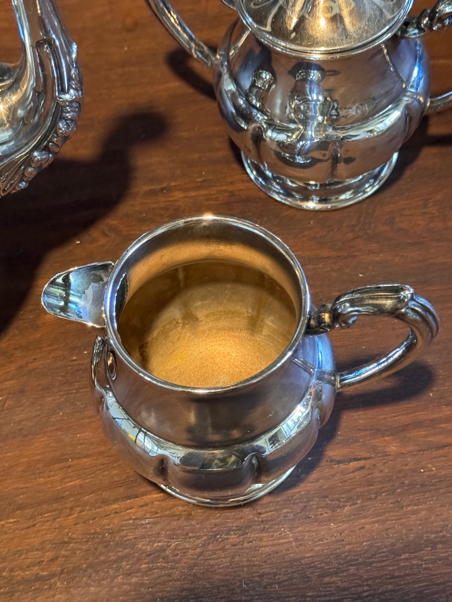 Silver Plate Tea Set 3Pc Footed Teapot Creamer Sugar Vintage