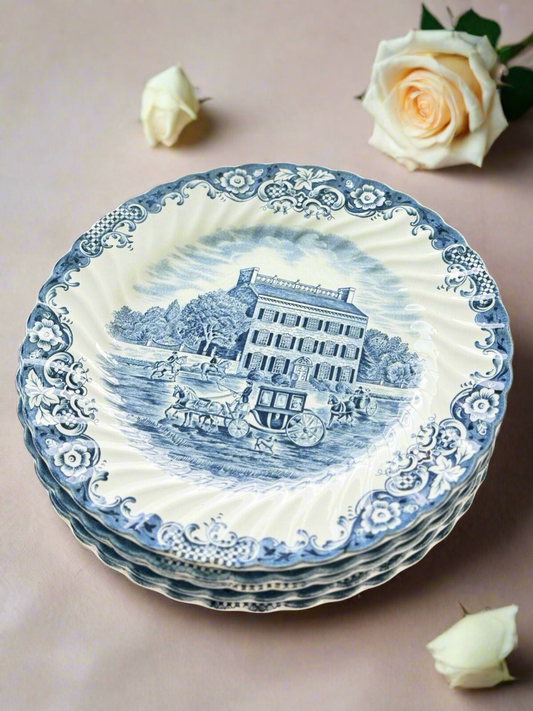 Heritage Hall Blue & White Staffordshire circa 9.5” 6 X Dinner Plates