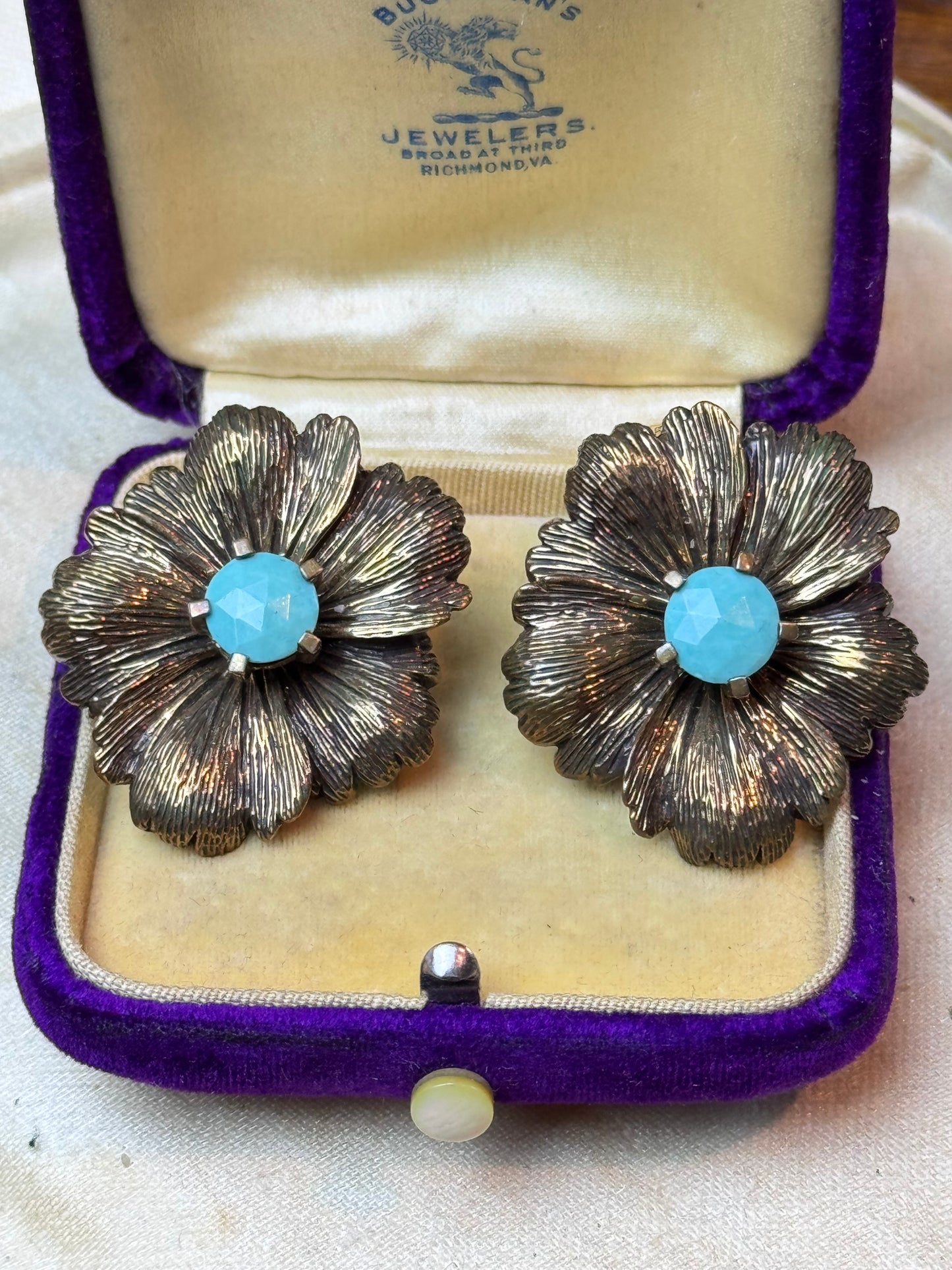 Stephen Dweck Sterling 925 Flower Clip Earrings Blue Green Stone Signed 1.25”
