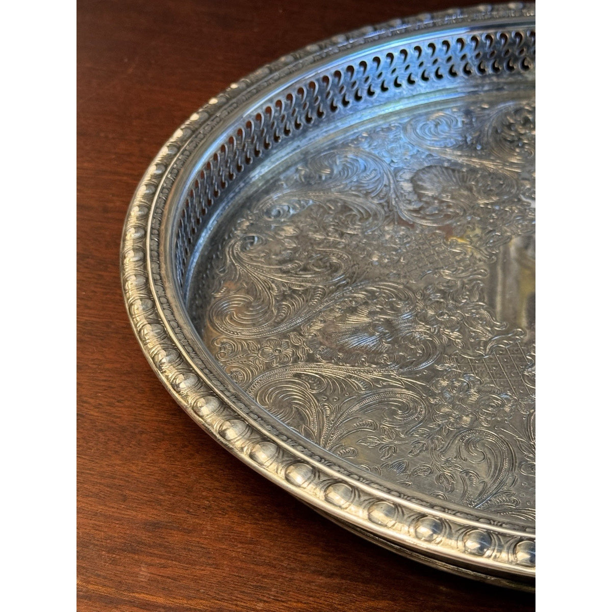 Silverplate Gallery Tray Chased Floral Shell Reticulated Edge Serving 12.5”
