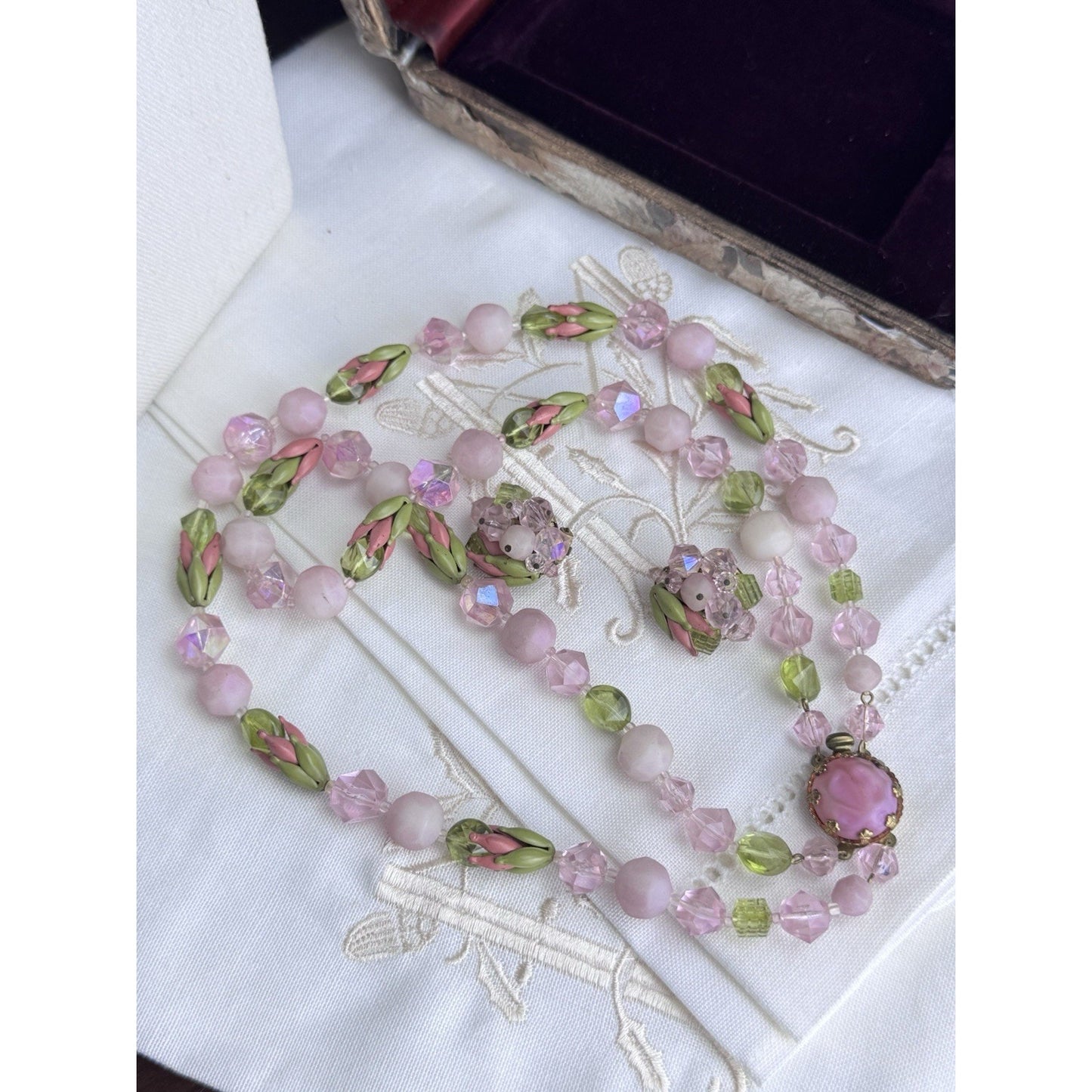 Vintage Pink Green Glass Bead Necklace Clip Earrings Set