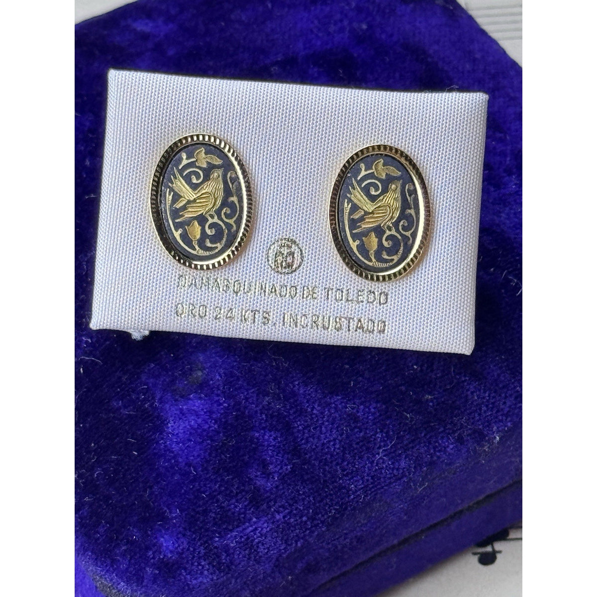 Toledo Damascene Bird Earrings 24K 18K Gold Inlay Spain .75”