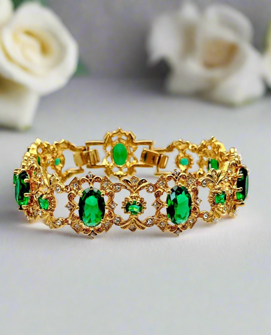 Camrose & Kross Emerald Green Rhinestone Gold Tone Bracelet In Case Estate Find