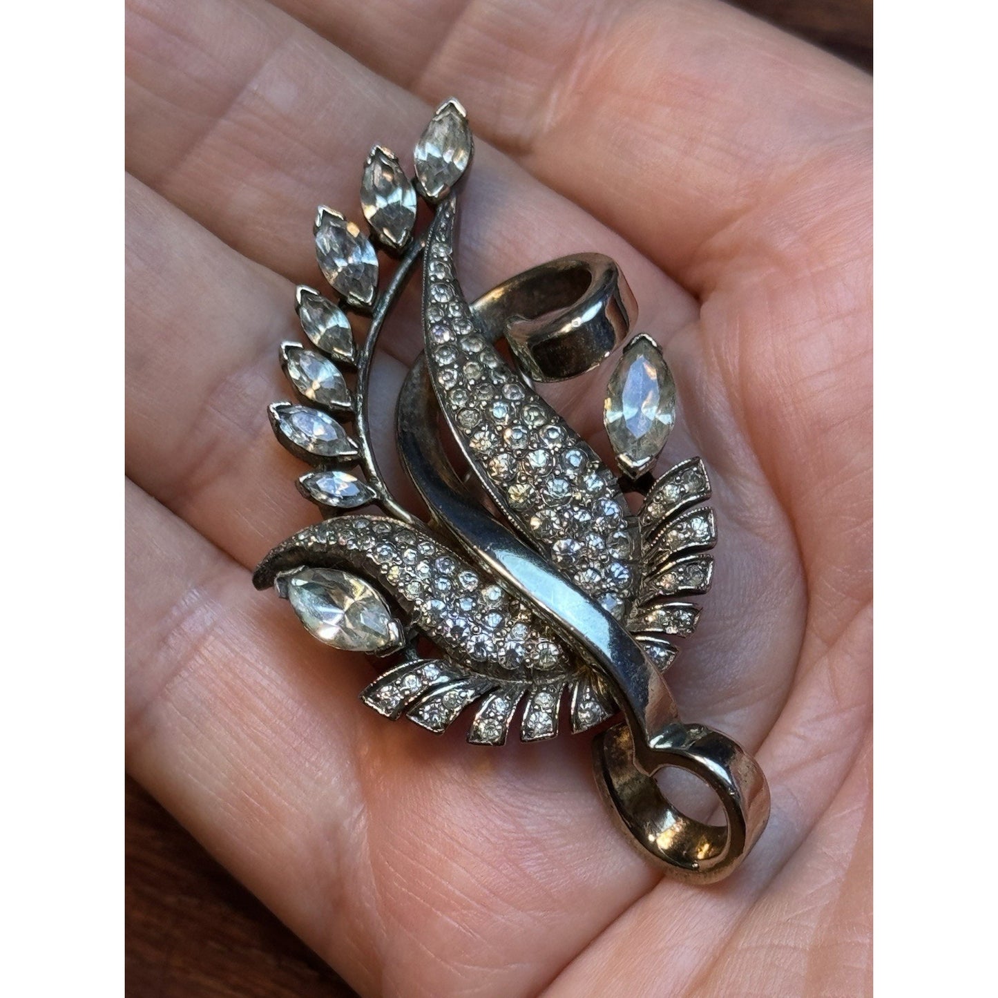 Vintage Pennino Sterling Brooch Clear Rhinestone Floral Spray 2.5” Signed
