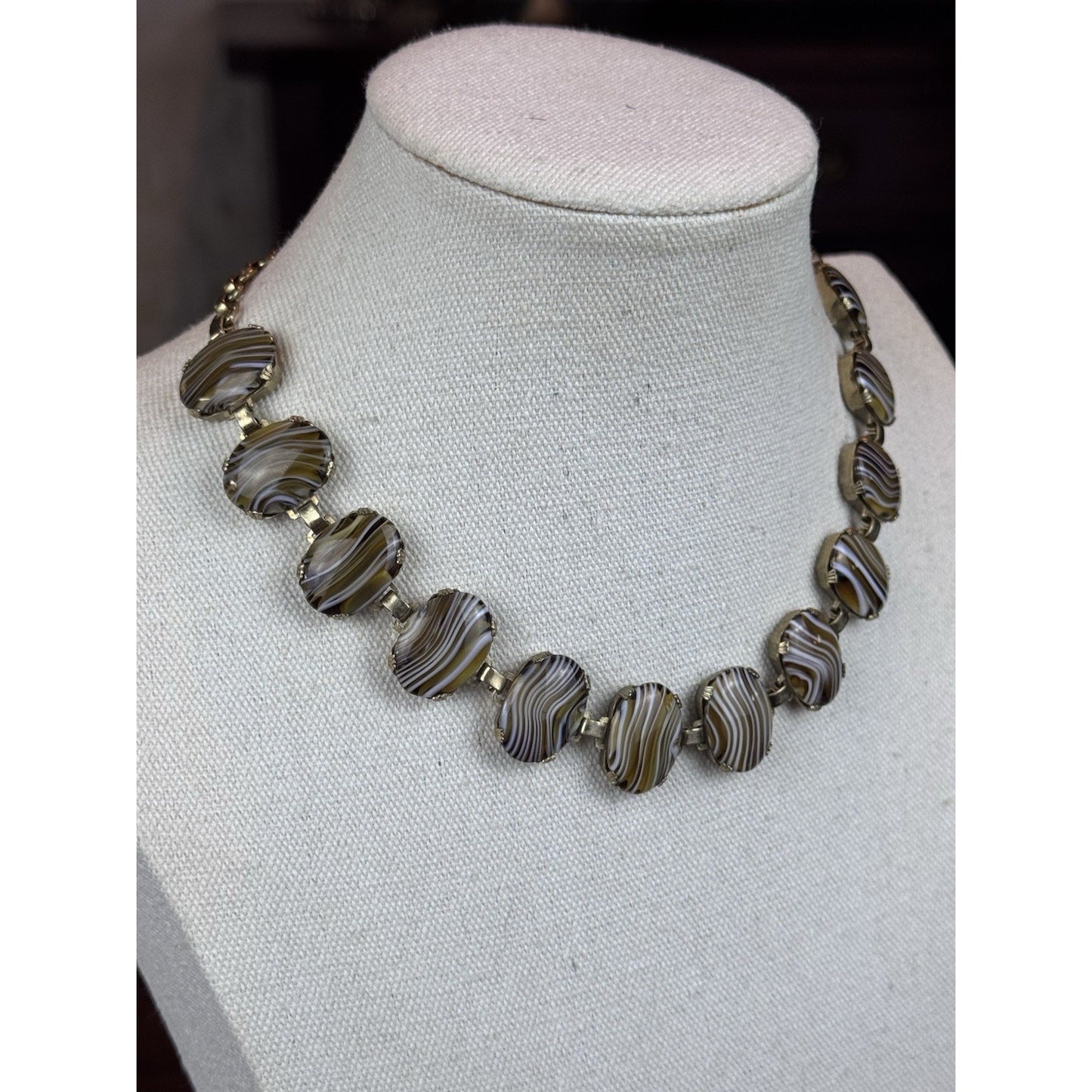 Vintage Goldtone Lucite Faux “Banded Agate” Necklace 16” Oval Panel Statement