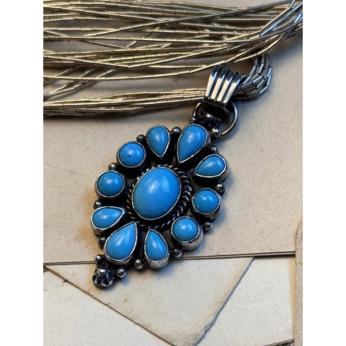 L GANADO Sterling NAVAJO Turquoise Pendant Signed Waterfall Necklace 17.5”